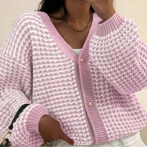 Pink and White Knitted Cardigan